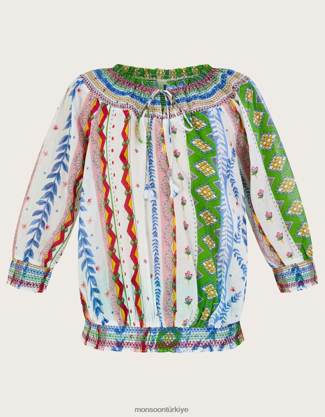 Monsoon kadınlar kravat yaka kabarcık etek baskılı üst JH86BT352 Giyim beyaz