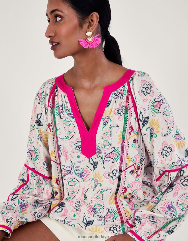 Monsoon kadınlar lenzing ecovero işlemeli baskılı üst JH86BT83 Giyim fildişi