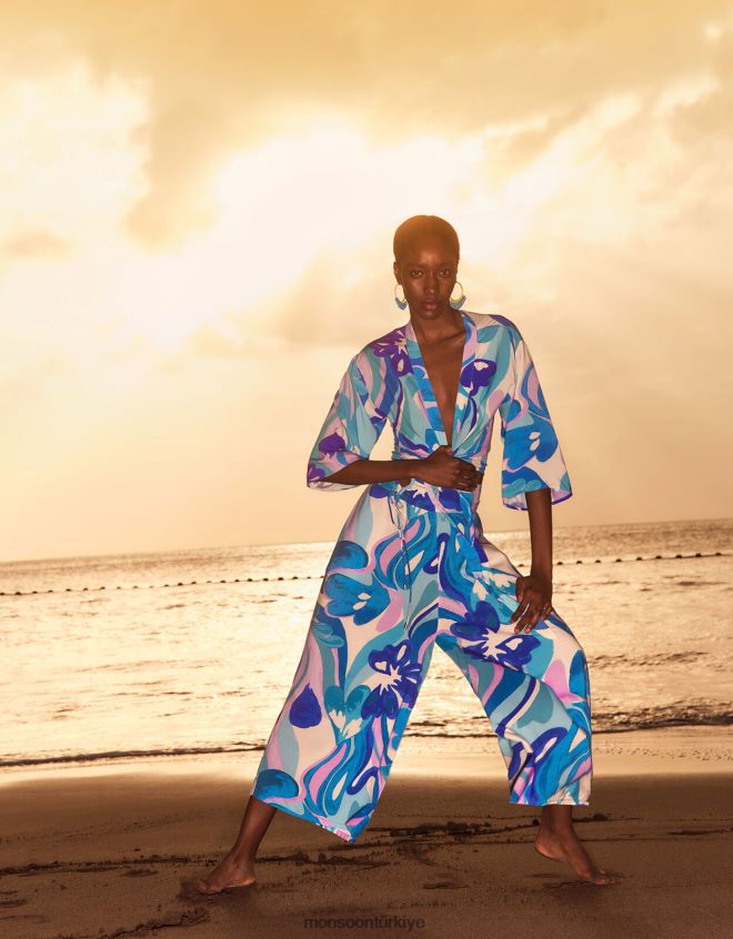 Monsoon kadınlar lenzing ecovero önden bağlamalı girdap desenli kısa üst JH86BT694 Giyim mavi