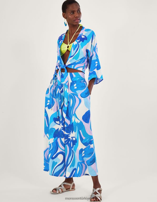 Monsoon kadınlar lenzing ecovero önden bağlamalı girdap desenli kısa üst JH86BT694 Giyim mavi