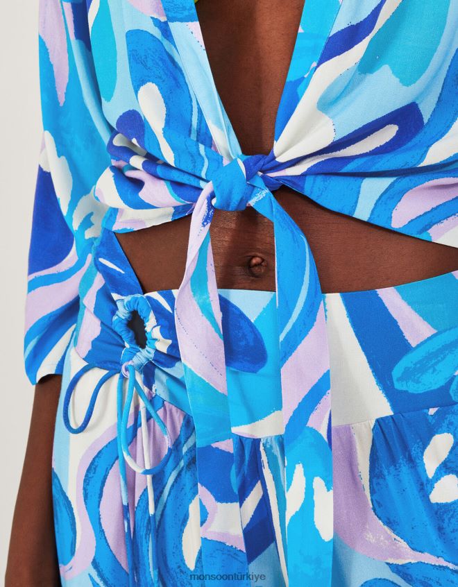 Monsoon kadınlar lenzing ecovero önden bağlamalı girdap desenli kısa üst JH86BT694 Giyim mavi