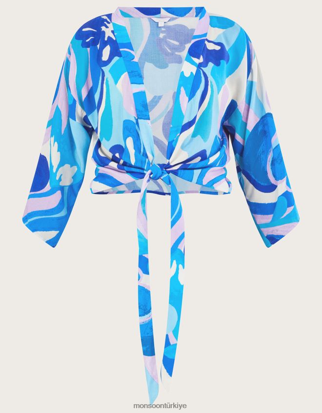 Monsoon kadınlar lenzing ecovero önden bağlamalı girdap desenli kısa üst JH86BT694 Giyim mavi