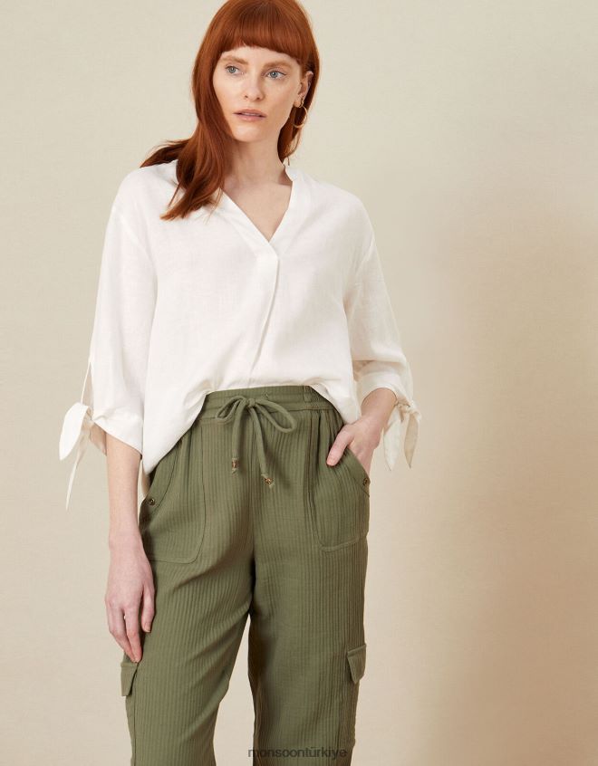 Monsoon kadınlar manşetli keten tişört JH86BT1133 Giyim beyaz