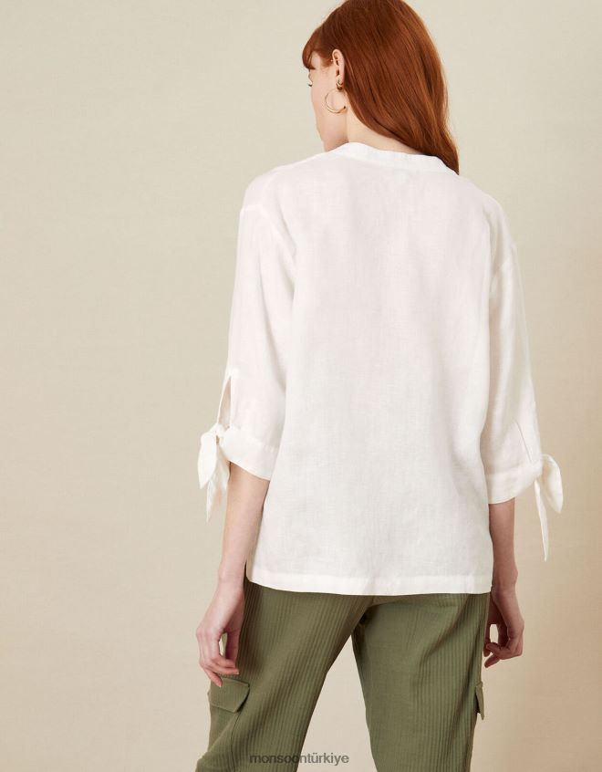Monsoon kadınlar manşetli keten tişört JH86BT1133 Giyim beyaz
