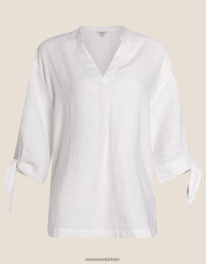 Monsoon kadınlar manşetli keten tişört JH86BT1133 Giyim beyaz