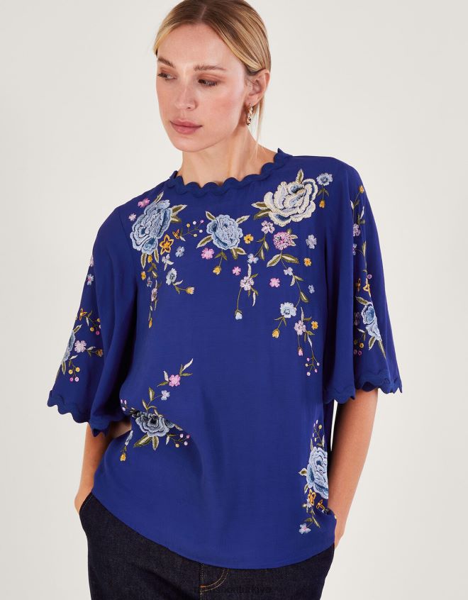 Monsoon kadınlar olla işlemeli çiçek kimono üst JH86BT257 Giyim mavi