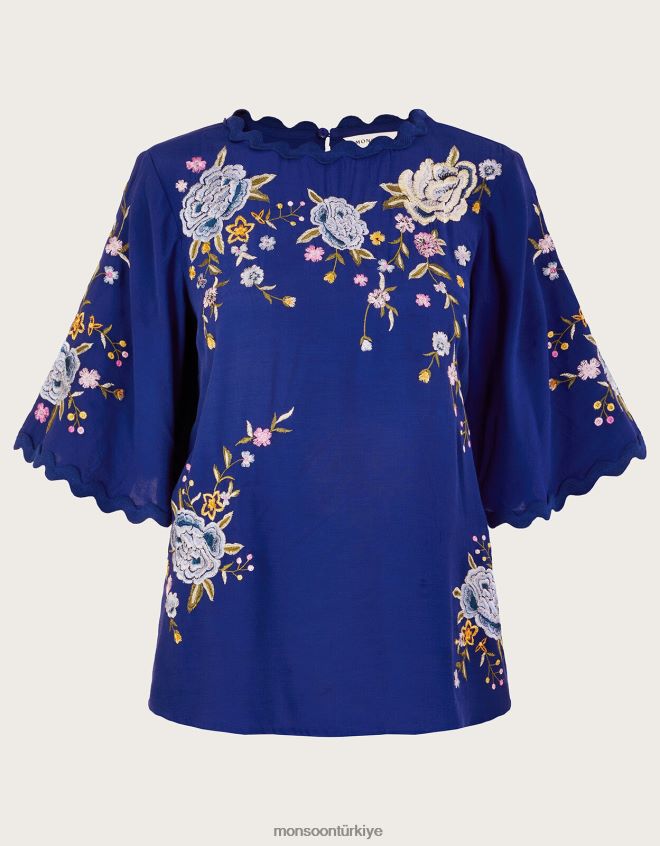 Monsoon kadınlar olla işlemeli çiçek kimono üst JH86BT257 Giyim mavi