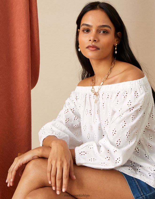 Monsoon kadınlar sürdürülebilir pamuktan schiffli bardot üst JH86BT953 Giyim beyaz