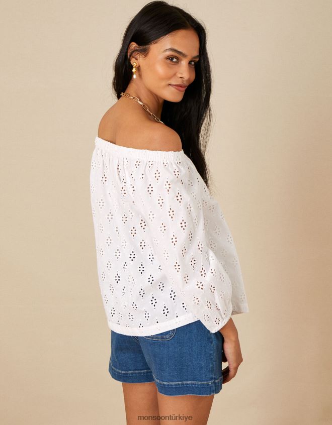 Monsoon kadınlar sürdürülebilir pamuktan schiffli bardot üst JH86BT953 Giyim beyaz