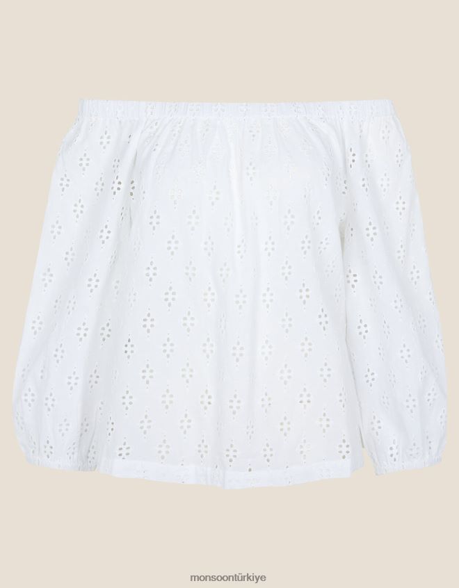 Monsoon kadınlar sürdürülebilir pamuktan schiffli bardot üst JH86BT953 Giyim beyaz