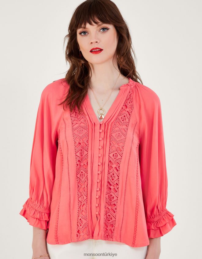 Monsoon kadınlar sürdürülebilir viskondan hattie dantel parçalı üst JH86BT246 Giyim turuncu (mercan)