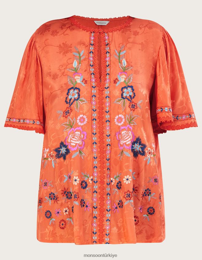 Monsoon kadınlar sürdürülebilir viskondan odelia işlemeli çiçek üst JH86BT262 Giyim turuncu