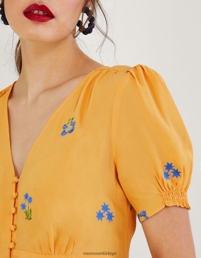 Monsoon kadınlar sürdürülebilir viskondan ollie işlemeli çay üstü JH86BT814 Giyim sarı