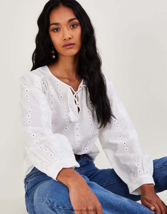 Monsoon kadınlar schiffli işlemeli uzun kollu üst JH86BT1112 Giyim beyaz