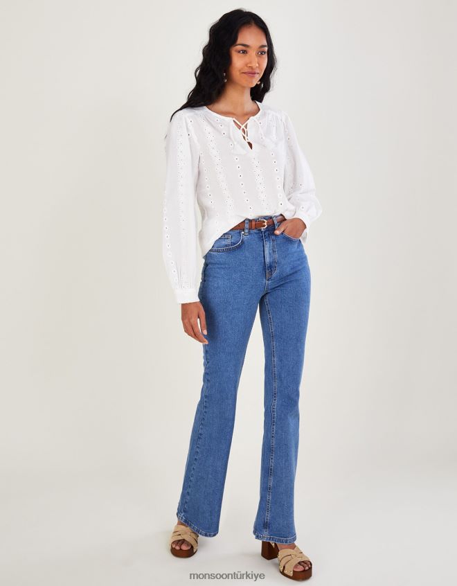 Monsoon kadınlar schiffli işlemeli uzun kollu üst JH86BT1112 Giyim beyaz