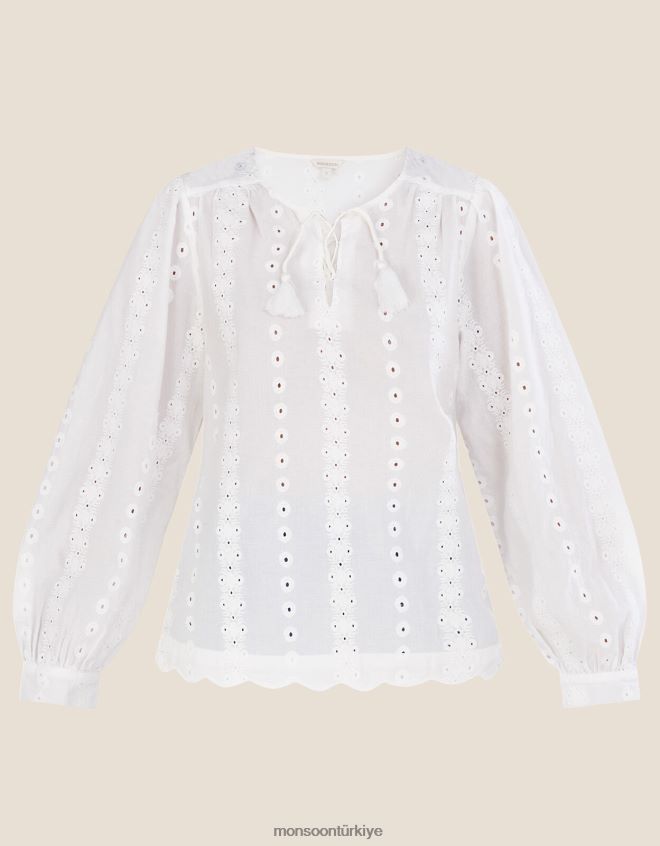 Monsoon kadınlar schiffli işlemeli uzun kollu üst JH86BT1112 Giyim beyaz
