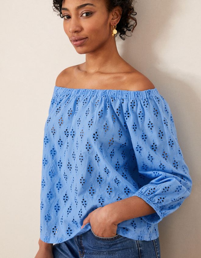 Monsoon kadınlar schiffli kısa kollu bardot üst JH86BT1016 Giyim mavi