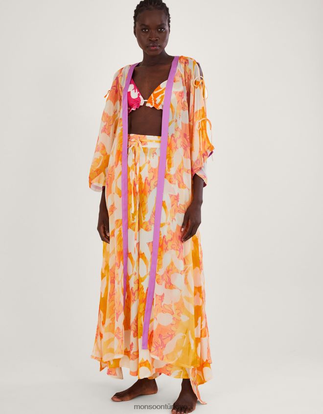 Monsoon kadınlar soyut baskı uzun çizgi kimono JH86BT316 Giyim turuncu