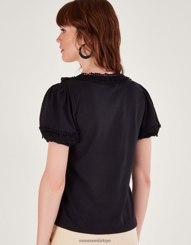 Monsoon kadınlar tığ işi dantel jarse üst JH86BT622 Giyim siyah