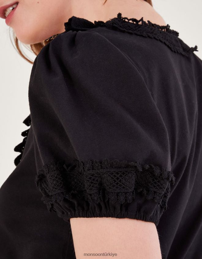 Monsoon kadınlar tığ işi dantel jarse üst JH86BT622 Giyim siyah