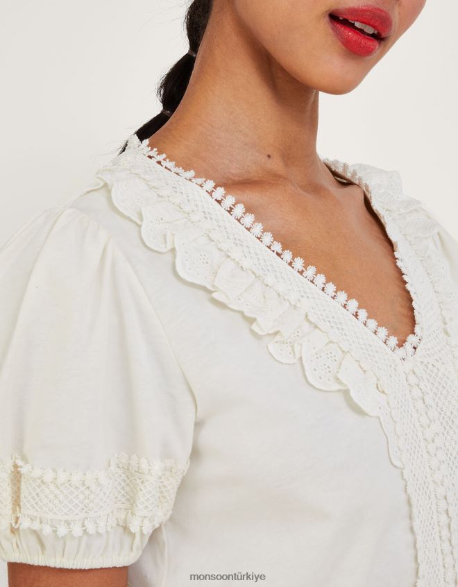 Monsoon kadınlar tığ işi dantel jarse üst JH86BT663 Giyim fildişi
