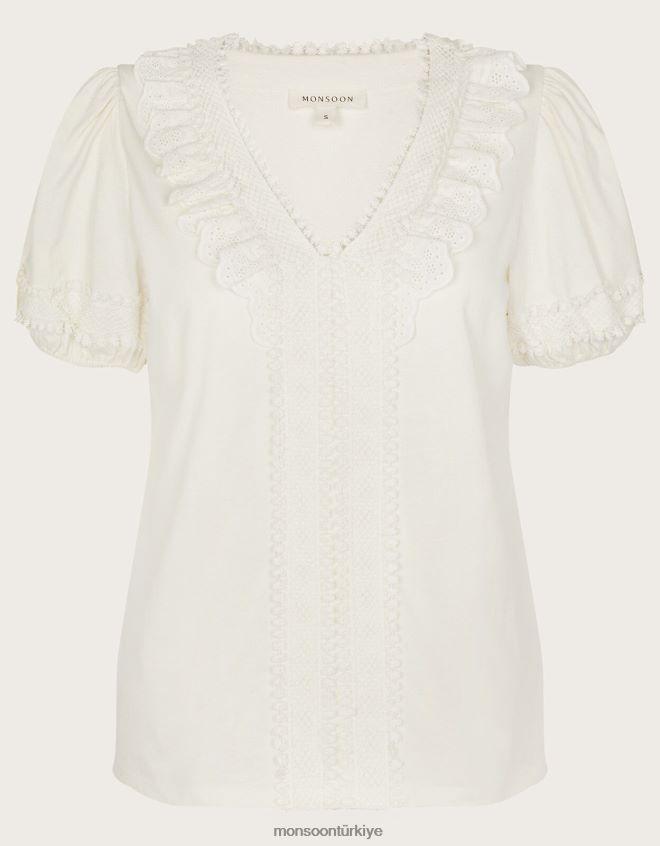 Monsoon kadınlar tığ işi dantel jarse üst JH86BT663 Giyim fildişi