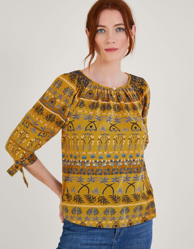 Monsoon kadınlar tüm yüzeyi yaprak baskılı önlüklü jarse üst JH86BT566 Giyim sarı (koyu sarı)