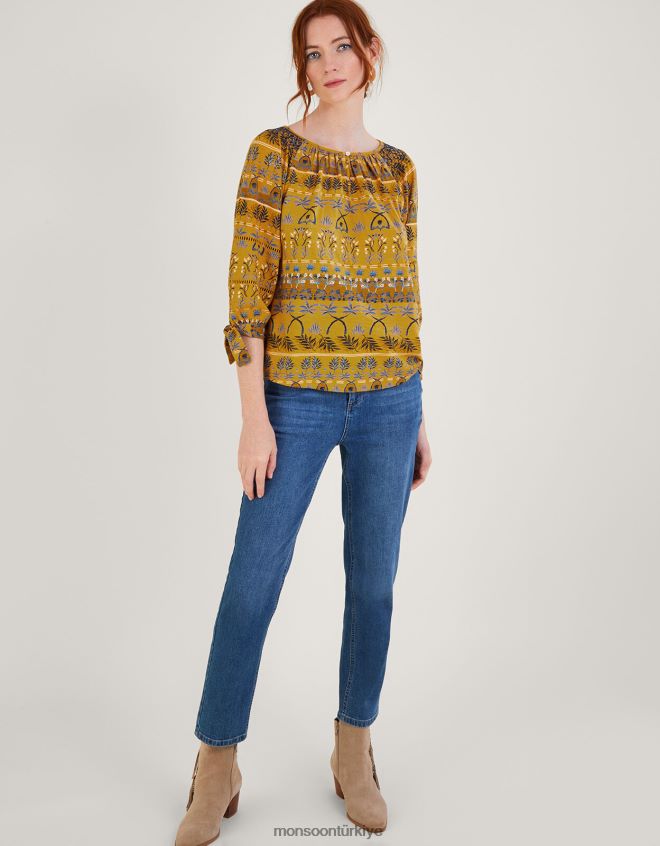 Monsoon kadınlar tüm yüzeyi yaprak baskılı önlüklü jarse üst JH86BT566 Giyim sarı (koyu sarı)