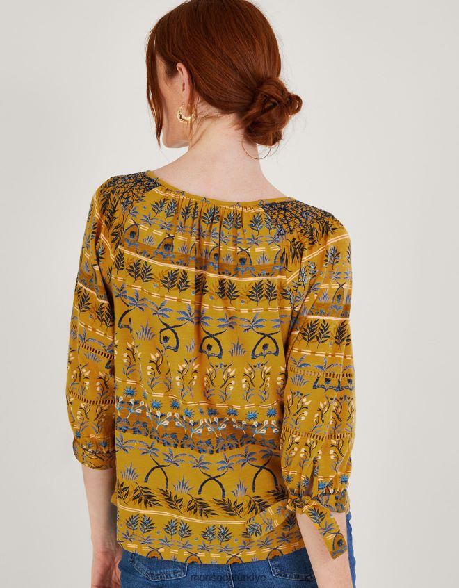 Monsoon kadınlar tüm yüzeyi yaprak baskılı önlüklü jarse üst JH86BT566 Giyim sarı (koyu sarı)