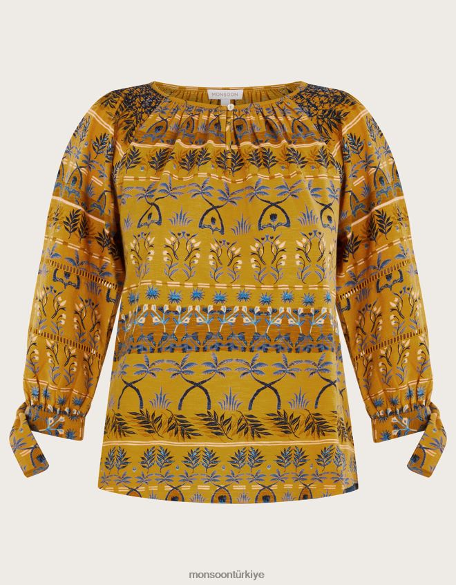Monsoon kadınlar tüm yüzeyi yaprak baskılı önlüklü jarse üst JH86BT566 Giyim sarı (koyu sarı)