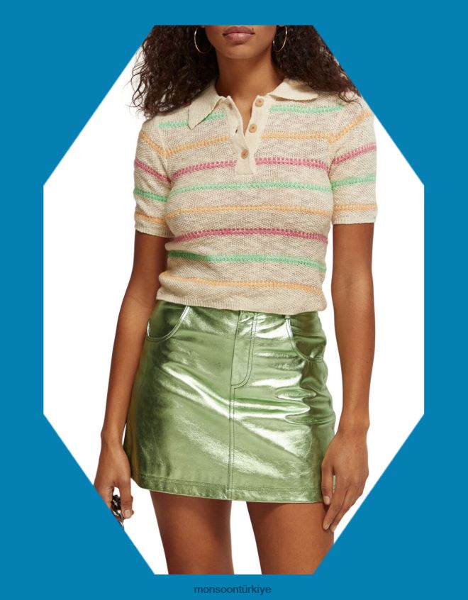 Monsoon kadınlar viski ve soda şeritli yakalı kısa kollu kazak JH86BT792 Giyim doğal