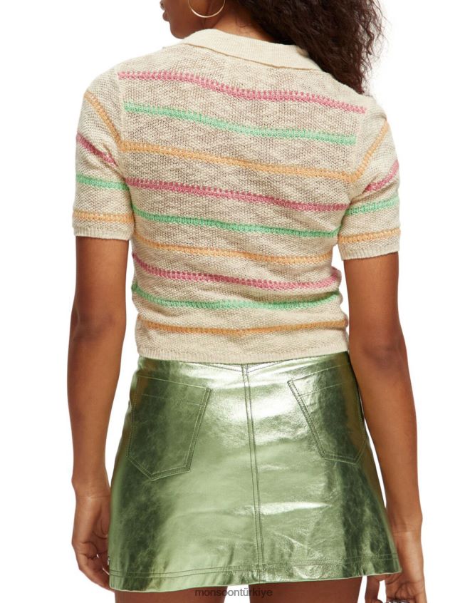 Monsoon kadınlar viski ve soda şeritli yakalı kısa kollu kazak JH86BT792 Giyim doğal