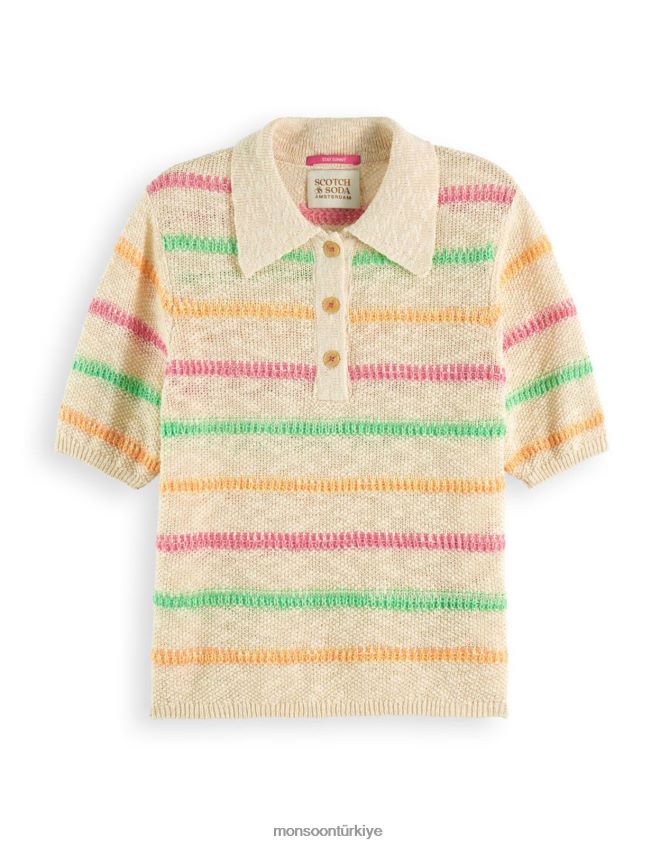 Monsoon kadınlar viski ve soda şeritli yakalı kısa kollu kazak JH86BT792 Giyim doğal