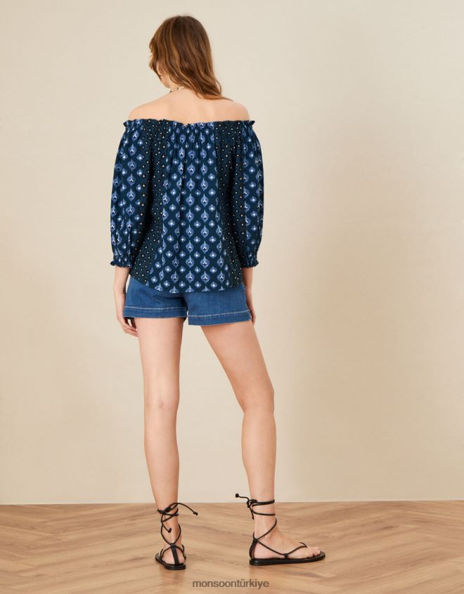 Monsoon kadınlar yama desenli kolları işlemeli bardot üst JH86BT1125 Giyim Mavi Donanma)