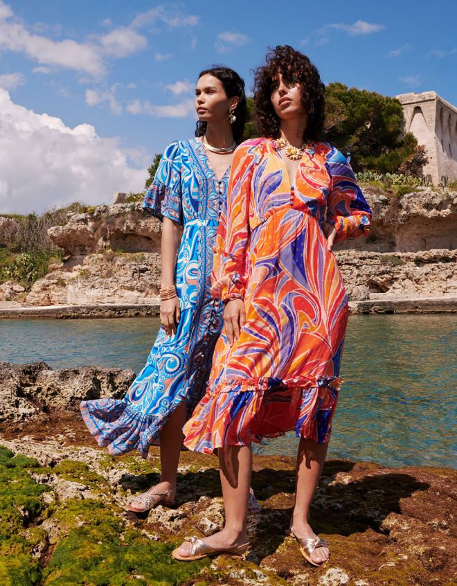 Monsoon kadınlar sürdürülebilir viskozdan ariel desenli katmanlı elbise JH86BT520 Giyim turuncu