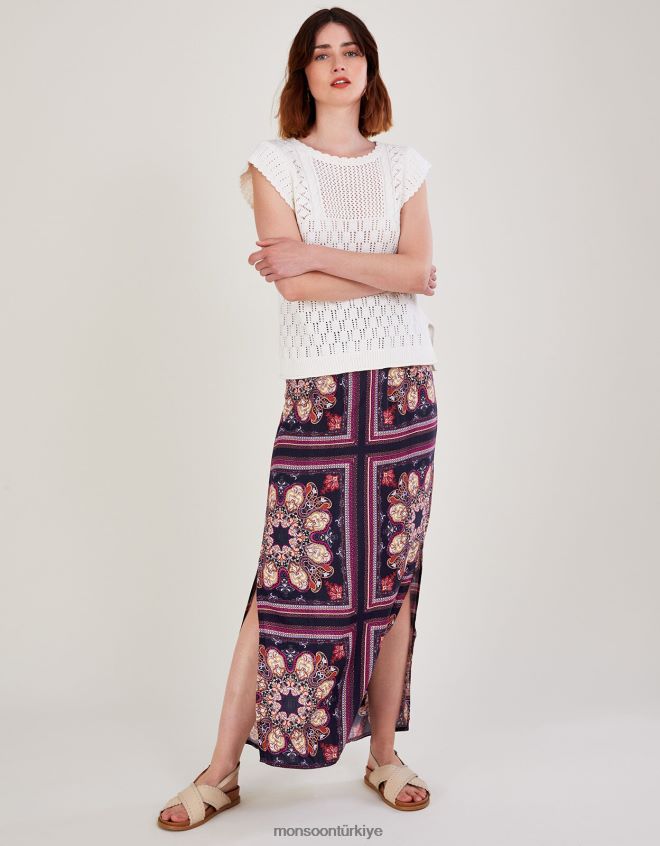 Monsoon kadınlar Lenzing Ecovero'da madalyon desenli yandan yırtmaçlı etek JH86BT2783 Giyim Mavi Donanma)