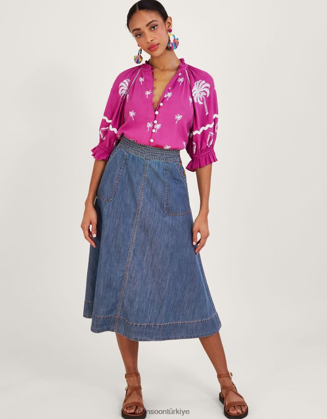 Monsoon kadınlar Sürdürülebilir pamuktan denim midi eteği giyin JH86BT135 Giyim mavi (kot mavisi)