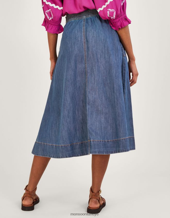 Monsoon kadınlar Sürdürülebilir pamuktan denim midi eteği giyin JH86BT135 Giyim mavi (kot mavisi)