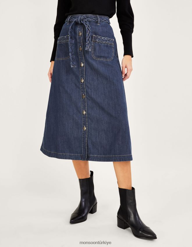 Monsoon kadınlar Sürdürülebilir pamuktan örgü cepli denim midi etek JH86BT960 Giyim mavi (kot mavisi)