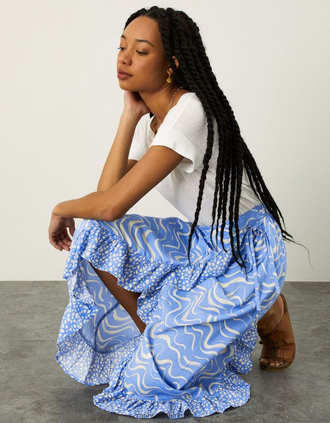 Monsoon kadınlar anvelop dalga desenli midi etek JH86BT1057 Giyim mavi