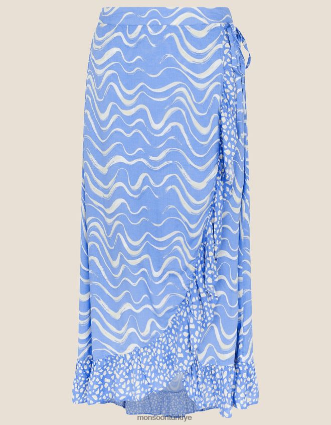 Monsoon kadınlar anvelop dalga desenli midi etek JH86BT1057 Giyim mavi