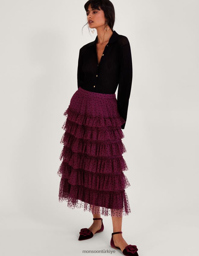 Monsoon kadınlar della noktalı katmanlı etek JH86BT148 Giyim kırmızı (dut)