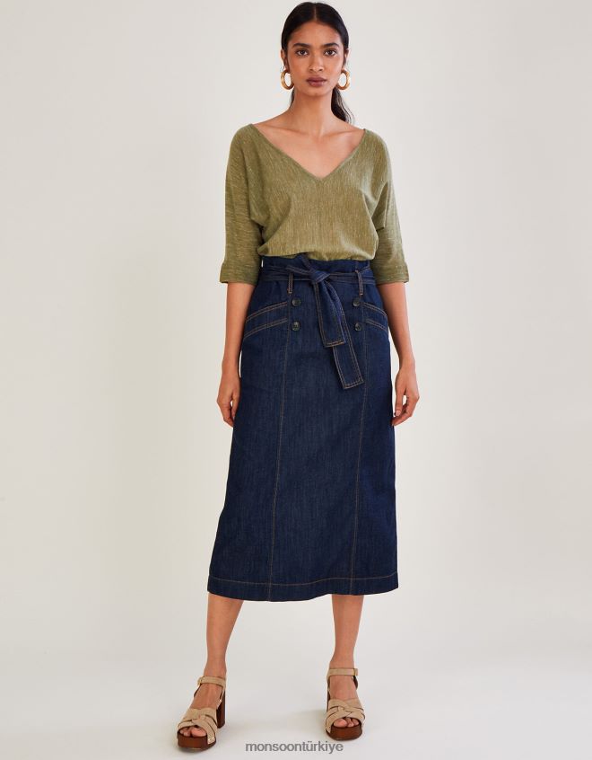 Monsoon kadınlar denim kuşaklı düğmeli ön etek JH86BT1122 Giyim mavi (çivit mavisi)