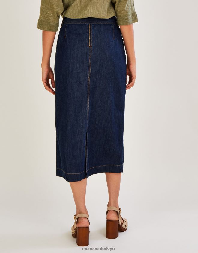 Monsoon kadınlar denim kuşaklı düğmeli ön etek JH86BT1122 Giyim mavi (çivit mavisi)