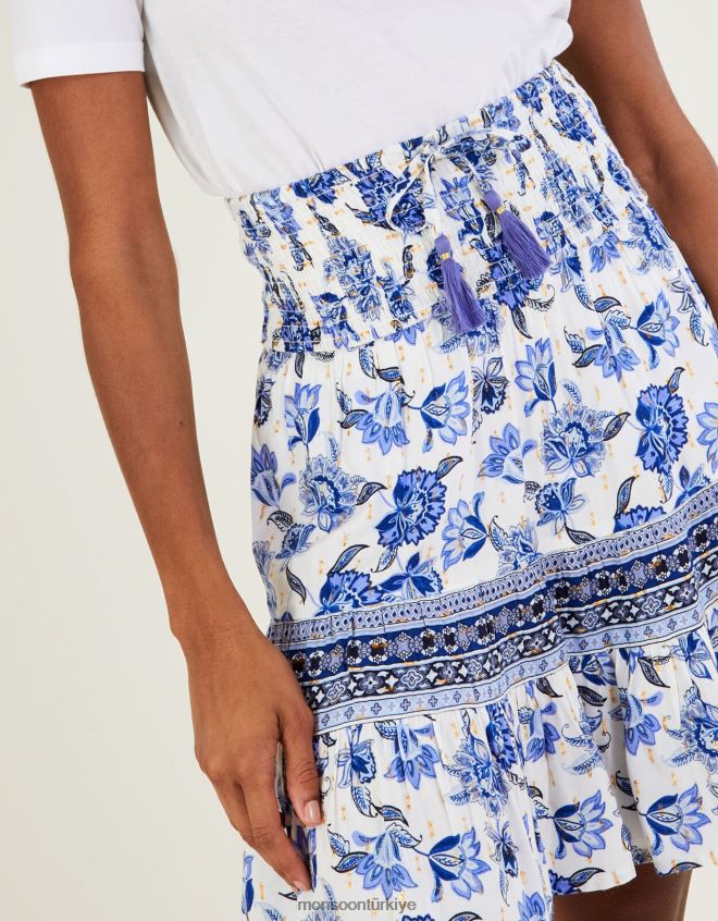 Monsoon kadınlar çiçek desenli beli bağlamalı kısa etek JH86BT807 Giyim mavi