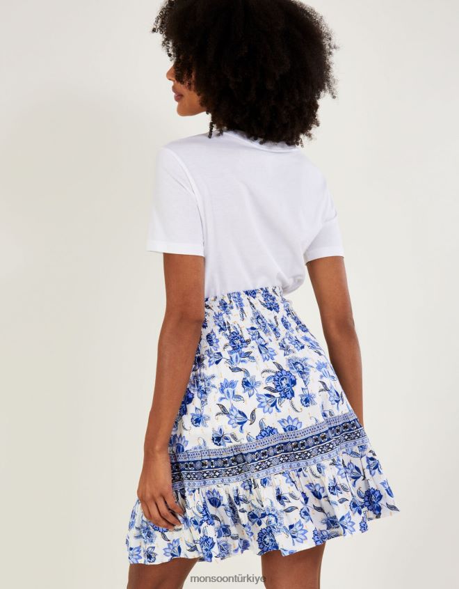 Monsoon kadınlar çiçek desenli beli bağlamalı kısa etek JH86BT807 Giyim mavi