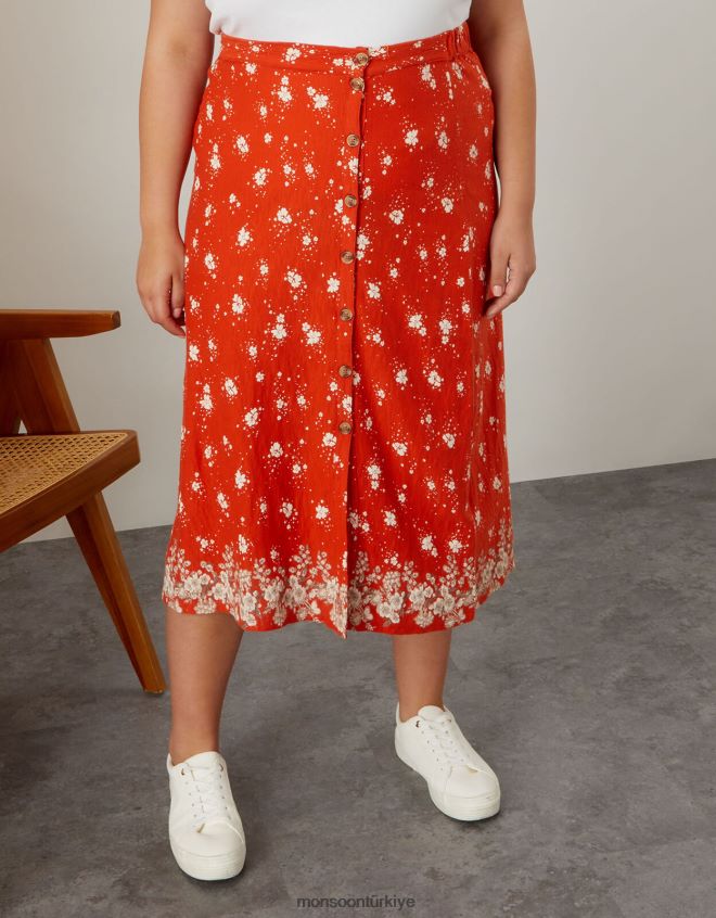 Monsoon kadınlar küçük çiçekli yandan düğmeli midi etek JH86BT2790 Giyim kırmızı