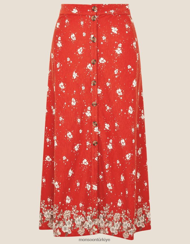 Monsoon kadınlar küçük çiçekli yandan düğmeli midi etek JH86BT2790 Giyim kırmızı