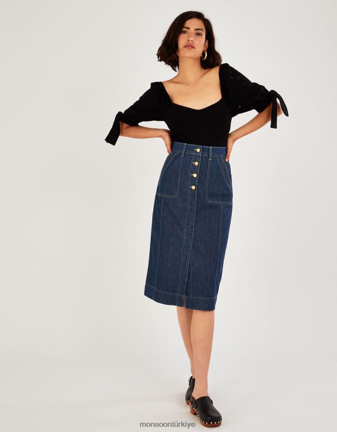 Monsoon kadınlar organik pamuklu denim düğmeli sade etek JH86BT1025 Giyim mavi (kot mavisi)