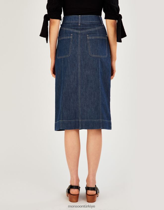 Monsoon kadınlar organik pamuklu denim düğmeli sade etek JH86BT1025 Giyim mavi (kot mavisi)